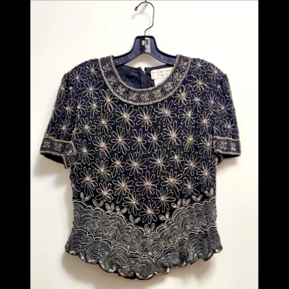 Papell Boutique Tops - TWILIGHT- Vintage Black and Silver Sequin Top